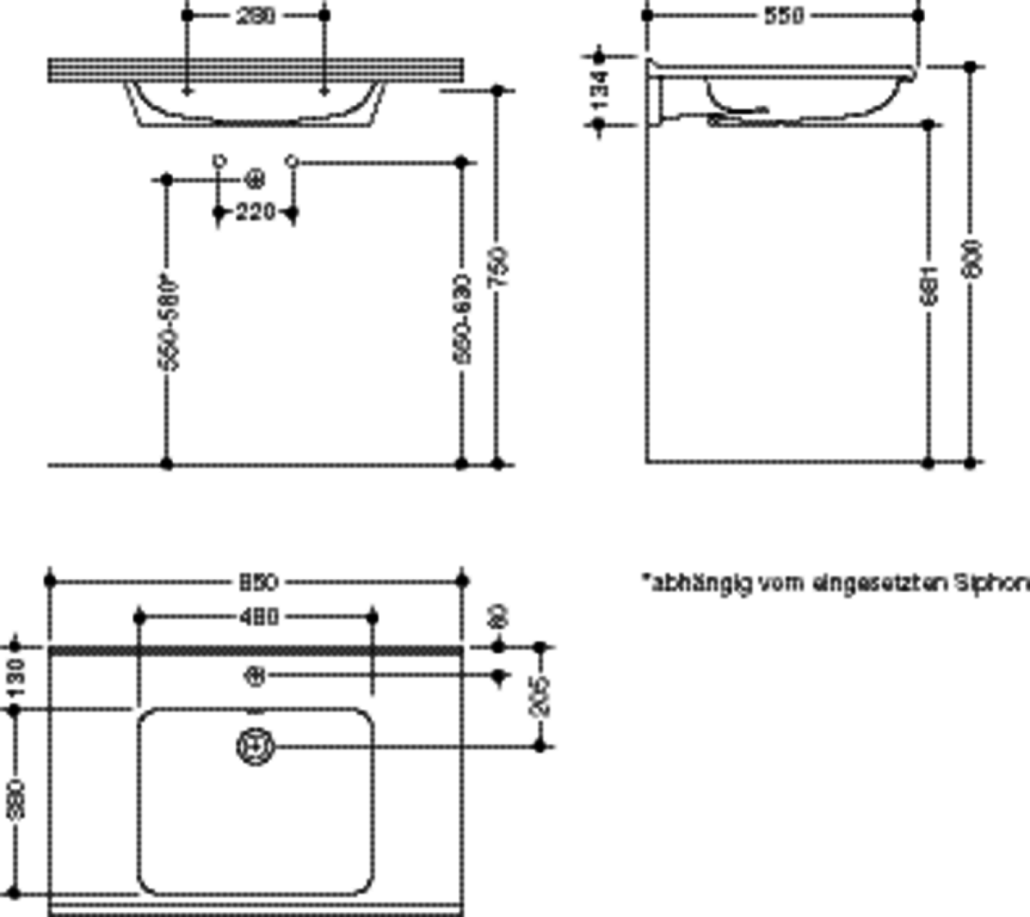 HEWI Waschtisch S-Form, modular mit Überlauf, 850x550mm, 1 HL
