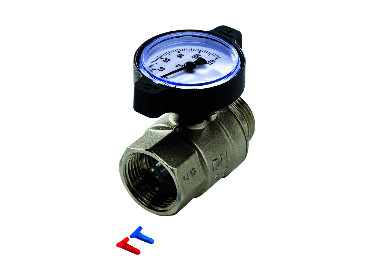 TECEfloor Kugelhahn m. Thermometer, 1" Clips rot/blau, Rp 1" x R 1" u. Flachd.