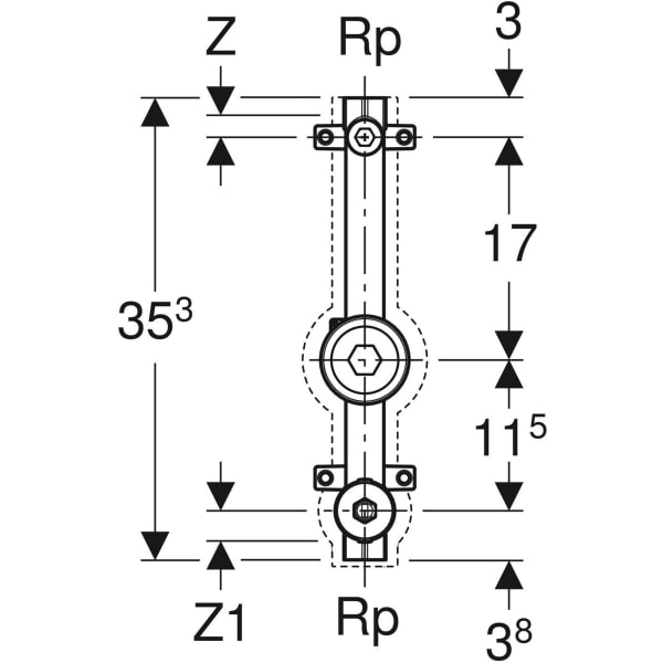 Geberit Wasserzählerstrecke mit UP-Kugelhahn und Anschluss-T-Stück Rp3/4"