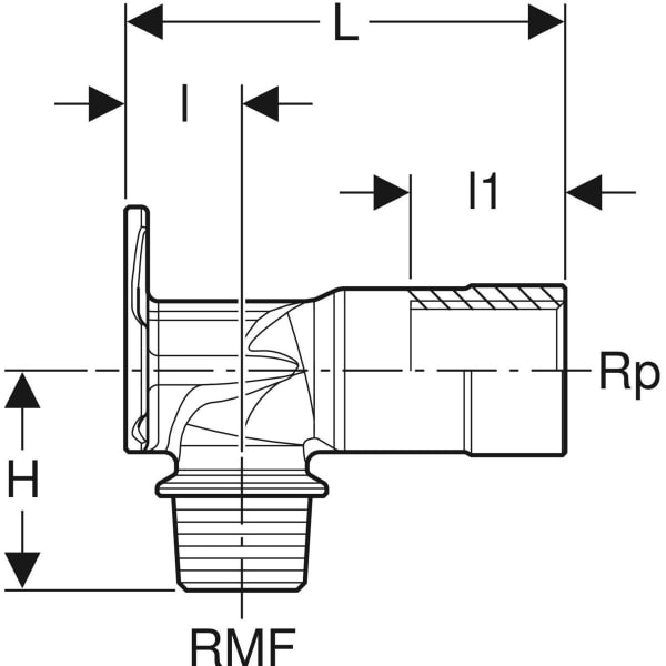 Geberit Anschlusswinkel 90Gr mit AG MF Rg R1/2-Rp1/2 L:57mm