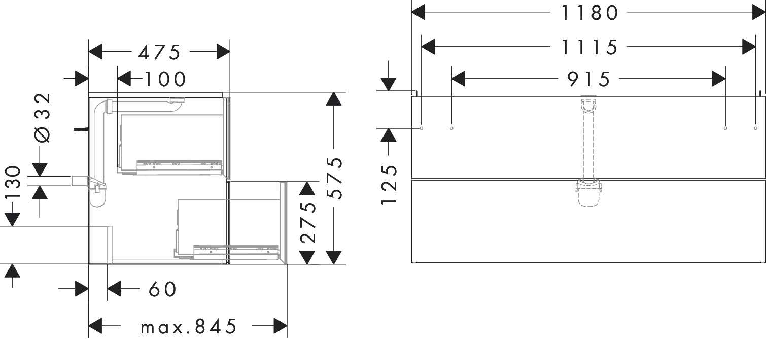Hansgrohe Waschtischunterschrank Xevolos E MW 1180/475mm mit 2 Schubkästen für WT Wme