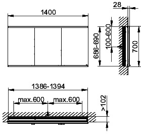KEUCO Royal Modular 2.0 SPS, unbel. 80030, Einb,oSteckd,sb-elox,1400x700x120mm