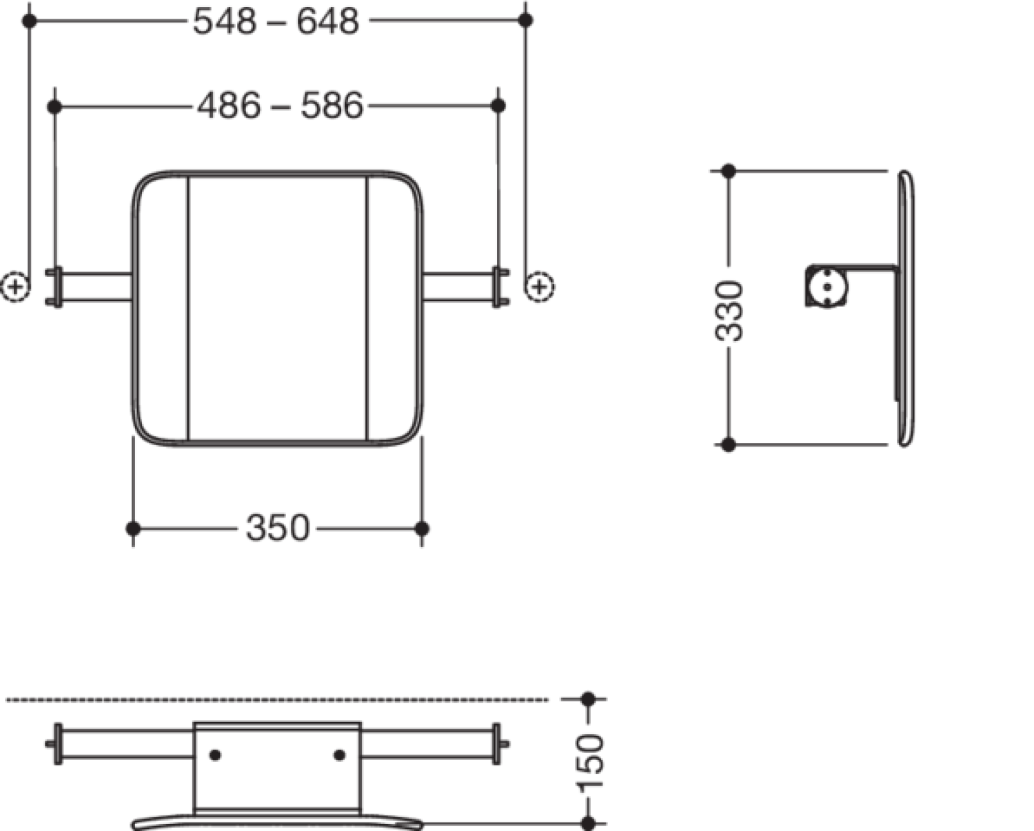 HEWI Rückenstütze (BS), Sys 900, auf SK- Griff (A), T:150, chrom signalweiß