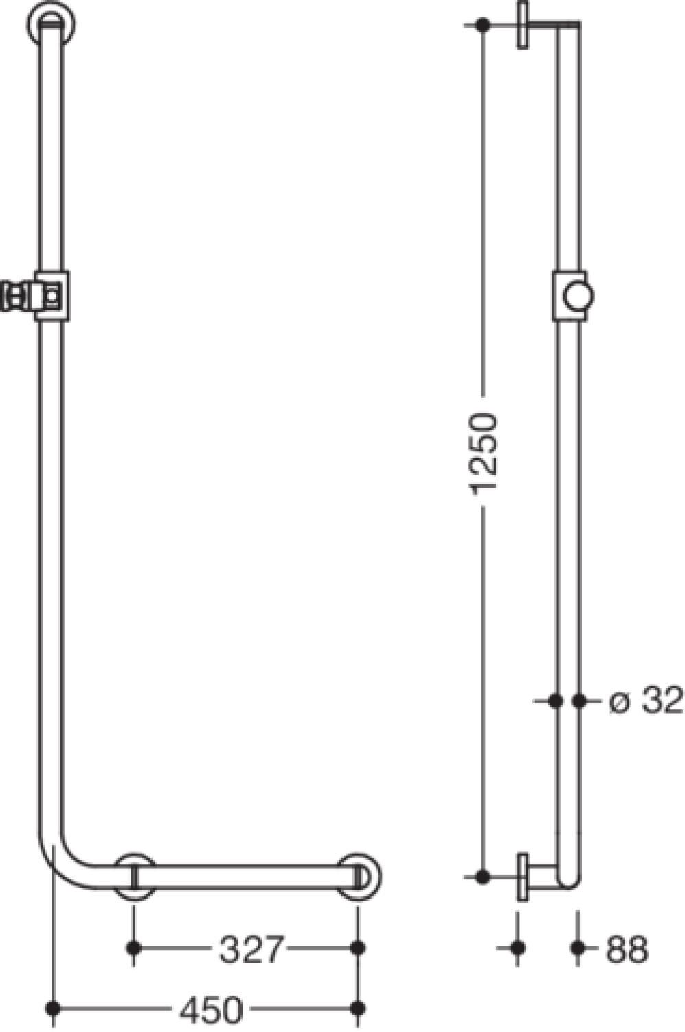 HEWI Winkelgriff m.Br.H.,d:32, A1:1250, W1:450,re,schliff,Brh.Kst. anthrazitgrau