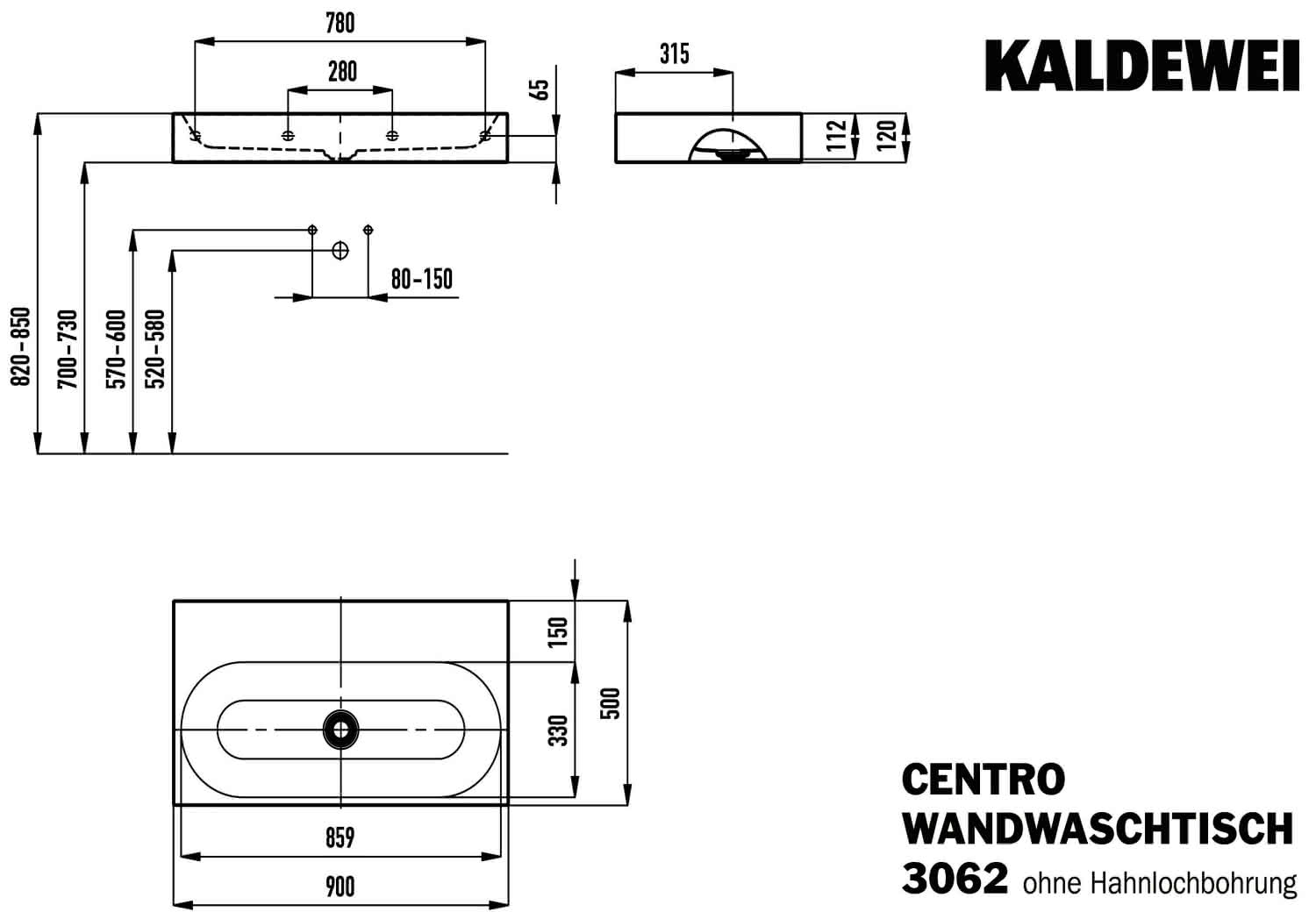 KA WB CENTRO WANDWASCHTISCH Mod.3062,900 x500mm,alpinweiß,Perl-Effekt,oÜL