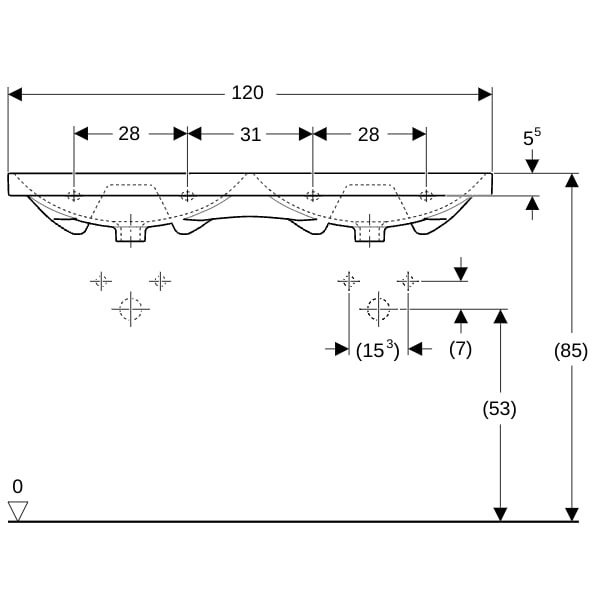 Geberit Acanto Doppel-WT f. US, 120x48cm einfache Bef., o. Hl., m. Ül., weiß