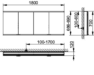 KEUCO Royal Modular 2.0 SPS, bel. 80041, Vorb,oSteckd,sb-elox,1800x700x120mm
