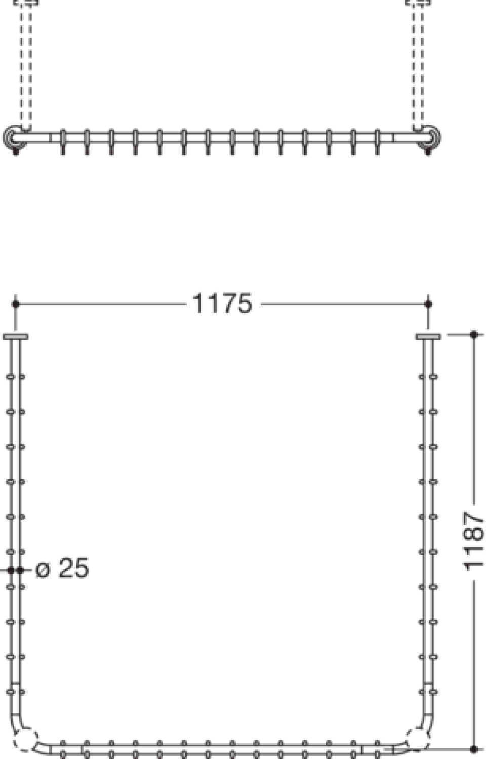 HEWI VH-Stange,d:25,A1/A3=1187, A2=1165, 34 Ringe, schliff