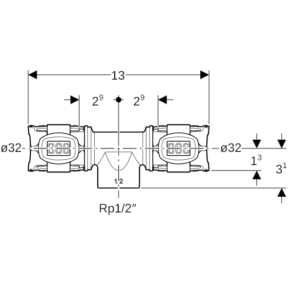 Geberit FlowFit T-Stück mit Innengewinde Rg+ d32-Rp1/2-32