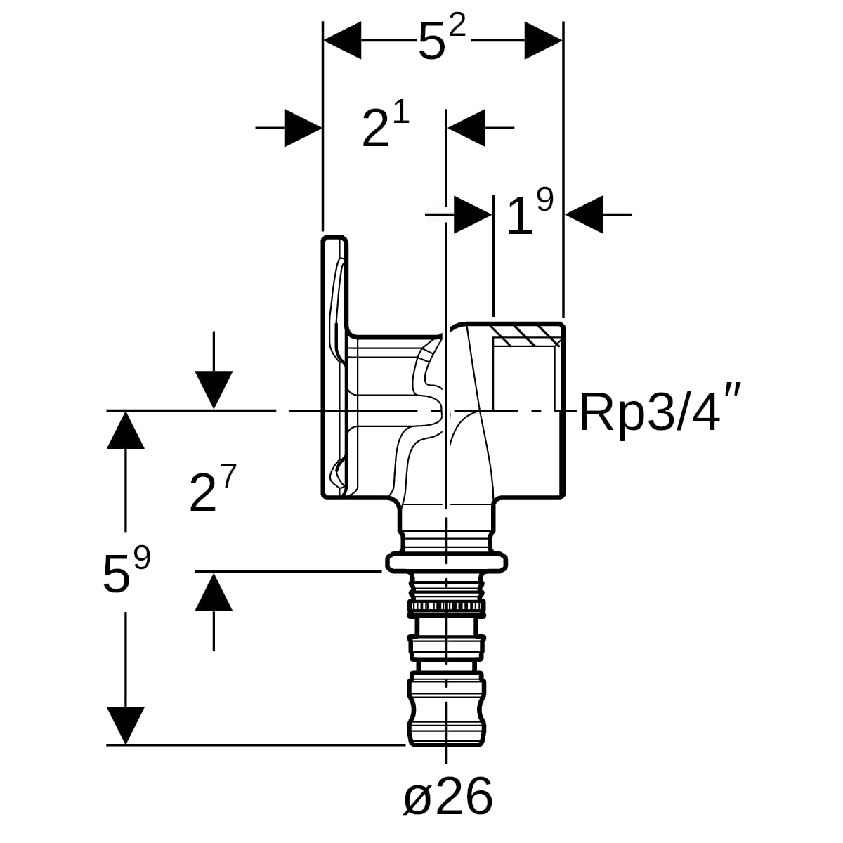 Geberit Mepla Anschlusswinkel 90Gr Rg d26-Rp3/4 L:52mm
