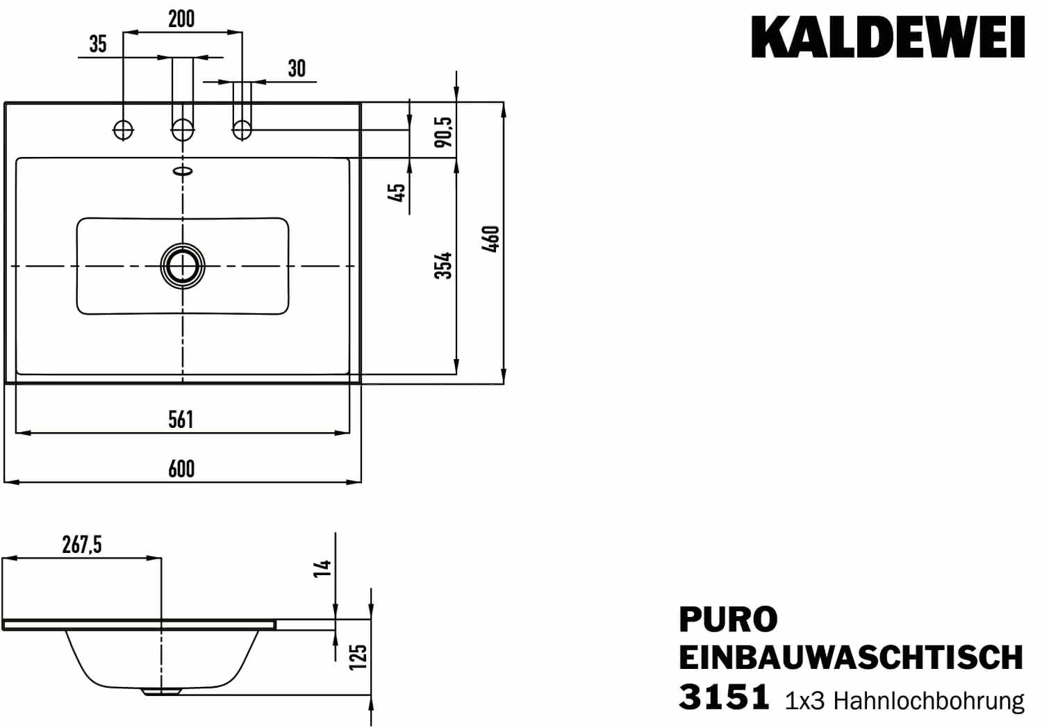KA WB PURO EINBAUWASCHTISCH Mod.3151,600 x460mm,alpinweiß,PEFF,AD,m. 3HL,mÜL,chr