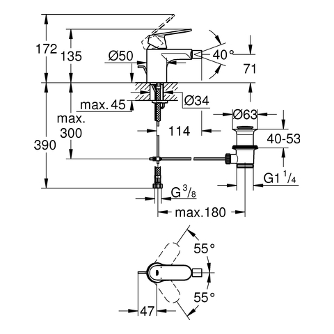 GROHE Bidetbatterie Eurosmart C 32839 DN15 mit Zugstangen-Ablaufgarnitur chrom