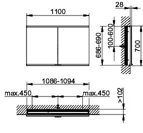 KEUCO Royal Modular 2.0 SPS, DALI 80022, Einb,1Steckd/USB,sb-elox,1100x700x120mm