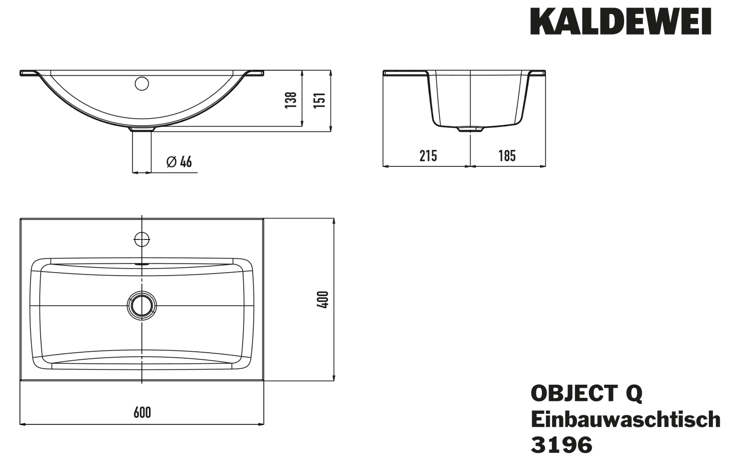 KA WB OBJECT Q Einbauwaschtisch Mod.3196 ,600x400mm,alpinweiß,m. 1HL,mÜL,alpwe