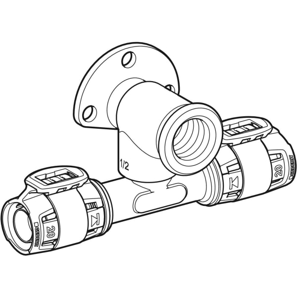 Geberit FlowFit T-Anschlusswinkel 90Gr abgesetzt Rg+ d20-Rp1/2-d20 L:52mm