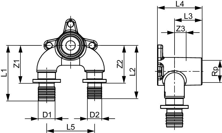 TECEflex U-Doppelwandscheibe reduziert druckverlustop. 16xRp1/2"x20, Si-Bronze