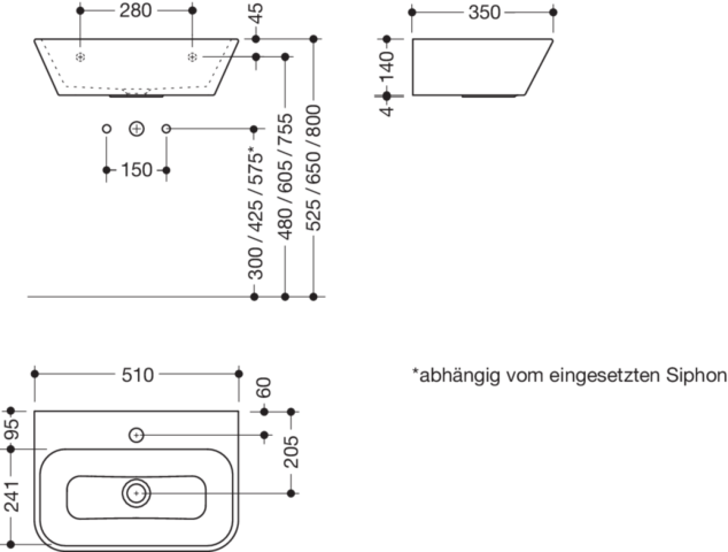 HEWI Waschtisch, B:510mm, T:350mm, 1HL, weiß a.