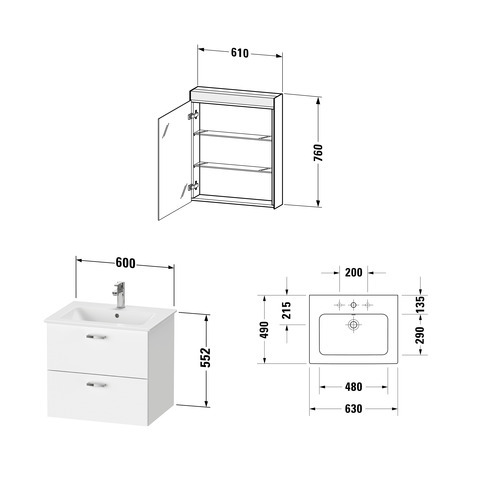 DU XBase Möbel-Set 630x490mm, WT,WTU m. Schubk.2, SPS Türan.R.,Weiß glänz.