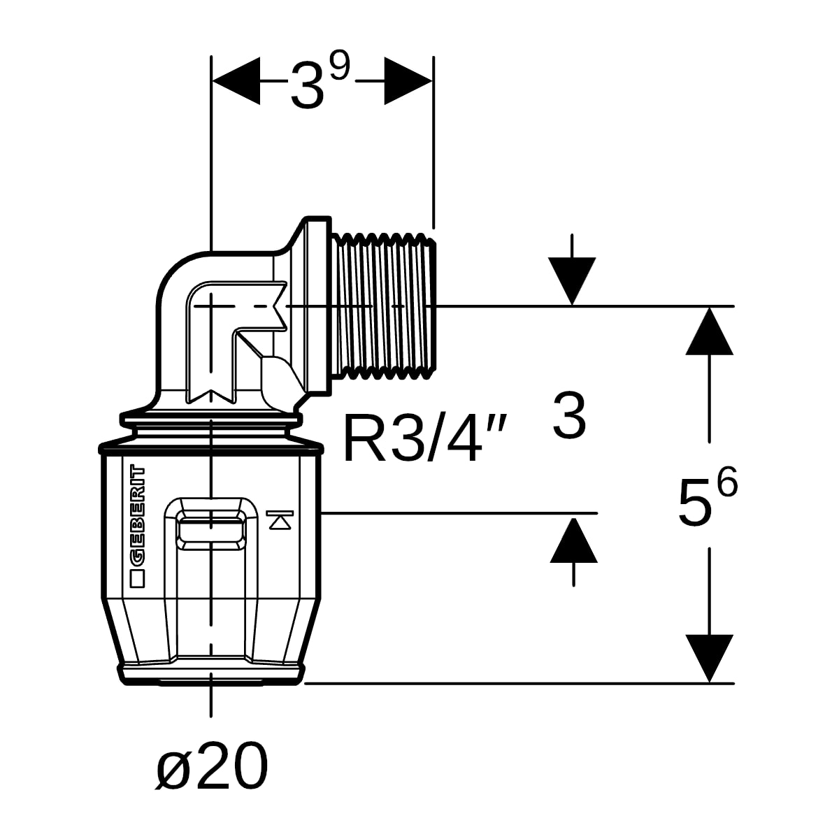 Geberit PushFit Übergangsbogen 90Gr mit AG Rg d20-R3/4