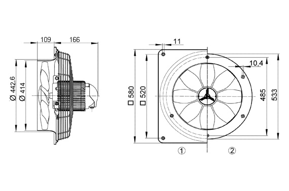 Maico Axial-Wandventilator DZS 40/4 B Stahlwandring, Drehstrom, DN400
