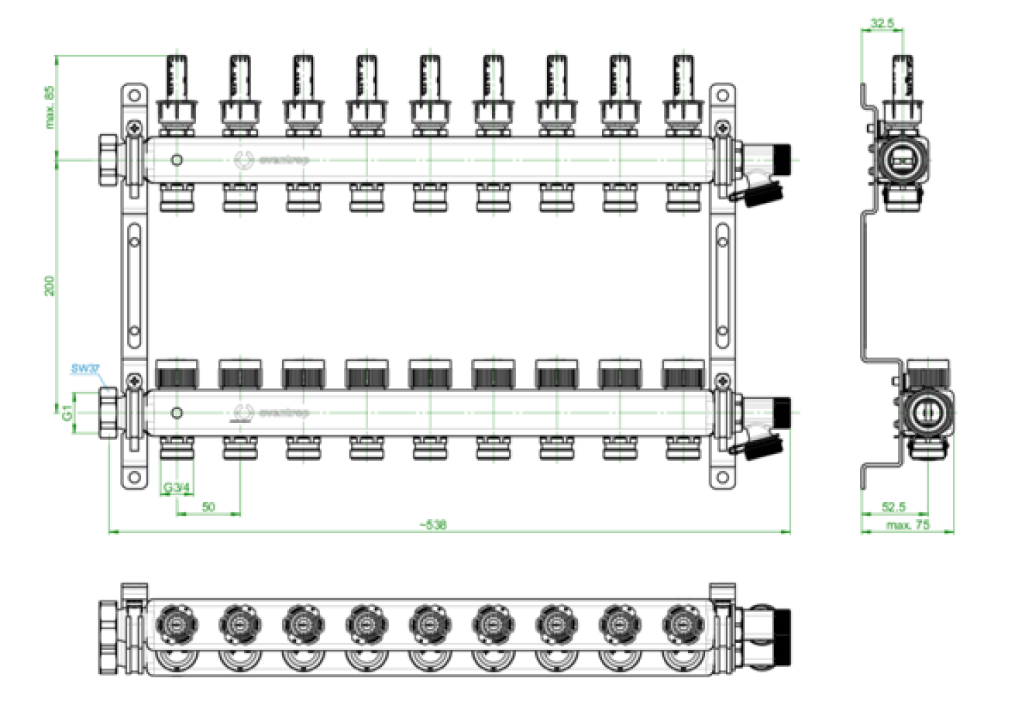 OVENTROP-Edelstahl-Verteiler 1" Multidis SF für 9 Kreise, 0-5 l/min