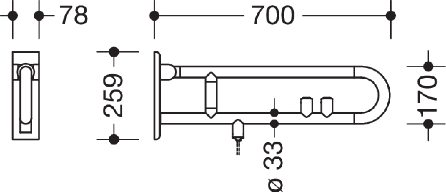 HEWI Stützklappgriff drehb. Ser 801, FKT(gelb)/WC-Spülung, L:700mm reinweiß