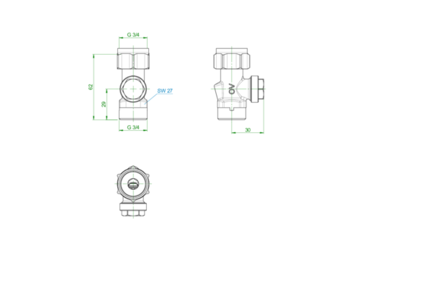 OVENTROP-Absperrverschraubung Combi 3 "Multiflex F",3/4"ÜM x 3/4"AG, Ms, vern.