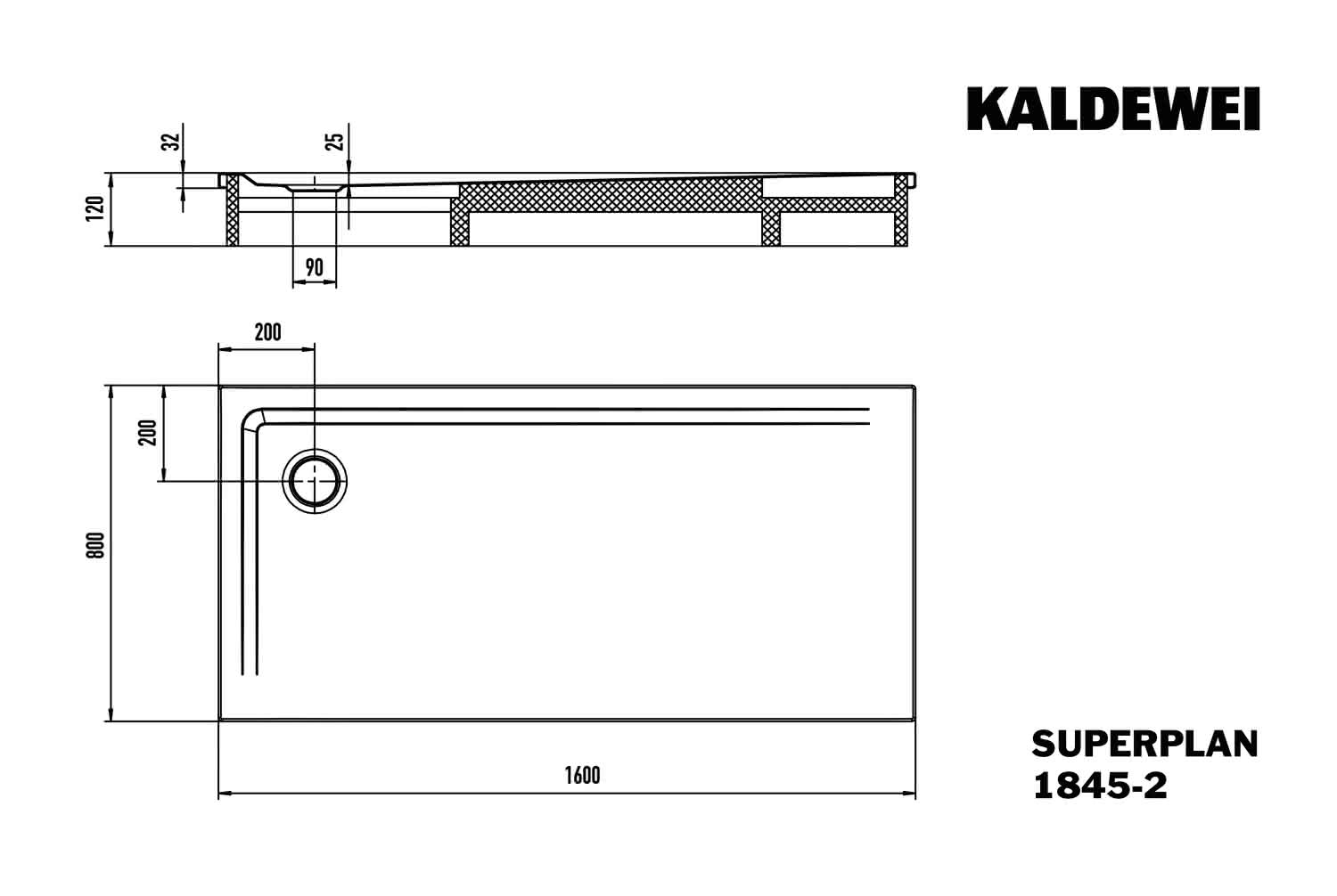 KA DW SUPERPLAN mit Wannenträger Mod. 1845-2,800x1600mm,alpinweiß,SEC,m. WT