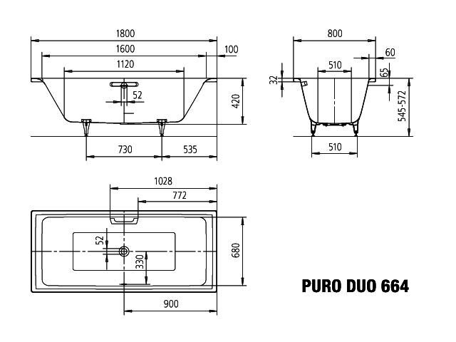 KA BW PURO DUO Mod.664,1800x800mm, alpinweiß,mit Vollantislip