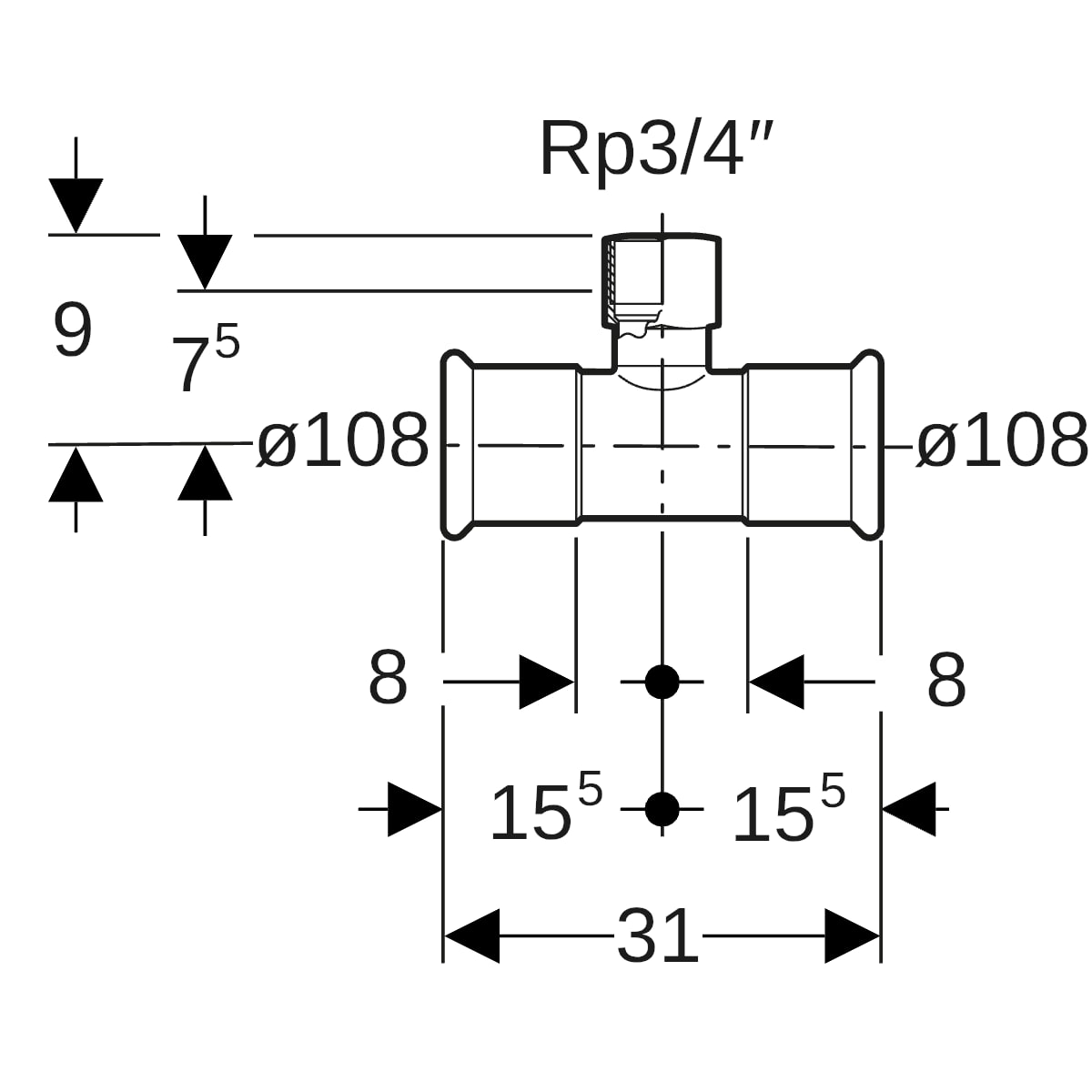 Geberit Mapress Edelstahl T-Stück mit IG (Gas) d108-Rp3/4-108
