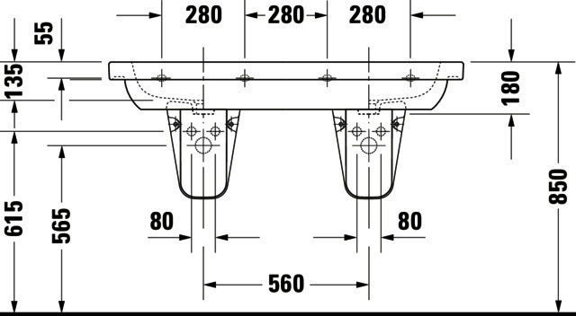 DU Möbel-Doppelwaschtisch D-Code 1200 mm mit ÜL, mit HLB, 1 HL pro Becken, weiß