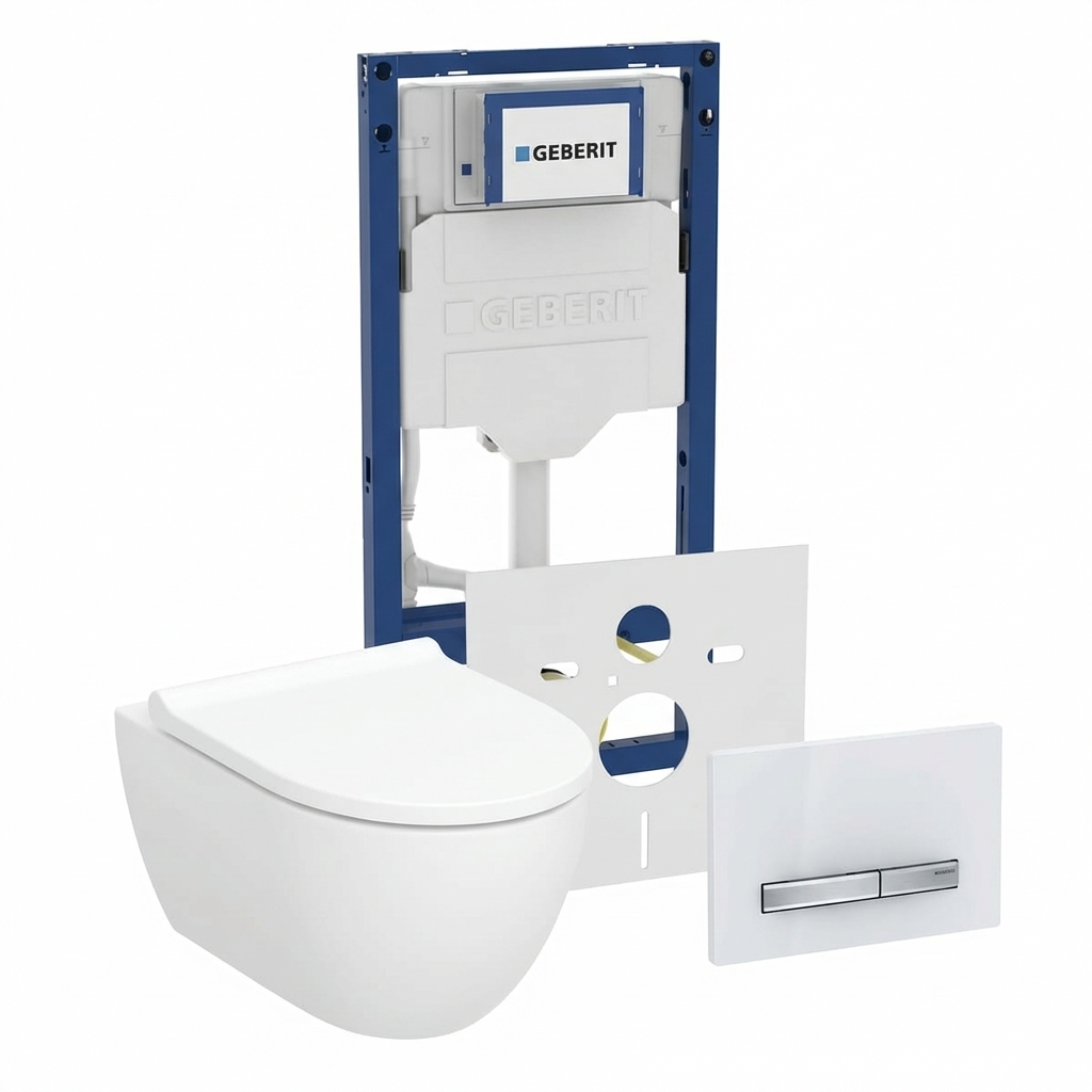 Gerberit Duofix Element für Wand-WC 112 cm inkl. Betätigungsplatte Sigma 50 weiß und Geberit Acanto Wand WC Tiefspüler TurboFlush incl. WC-Sitz und Schallschutz