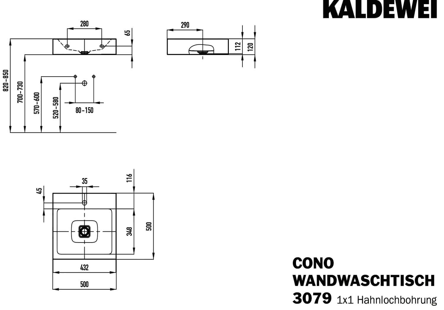 KA WB CONO WANDWASCHTISCH Mod.3079,500x 500mm,alpinweiß matt,PEFF,AD,m. 1HL,oÜL