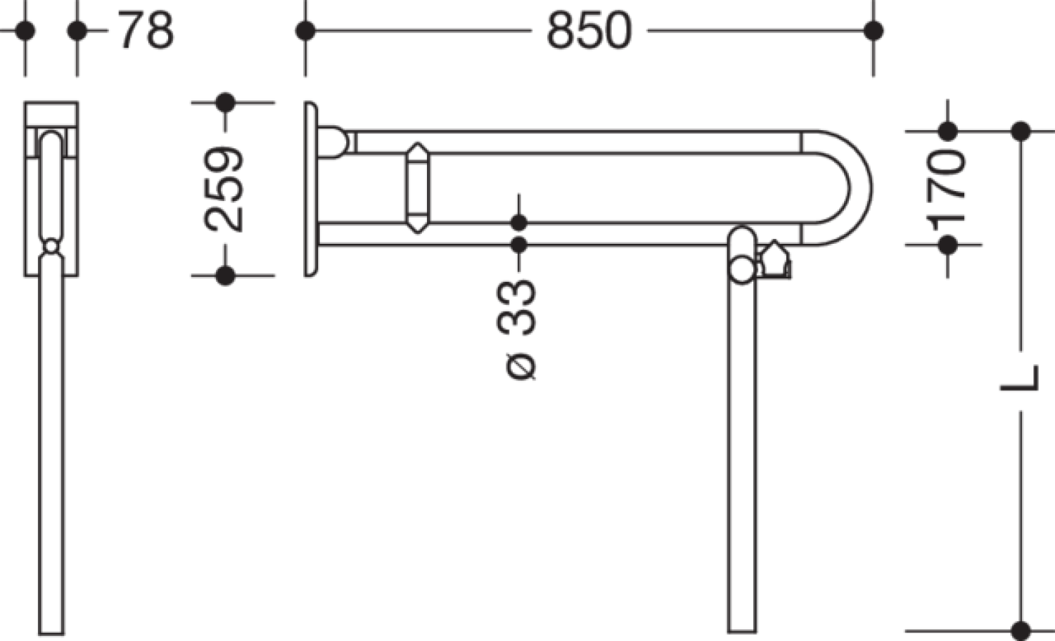 HEWI Stützklappgriff Ser 801, matt, L:850mm, mit Bodenstütze reinweiß