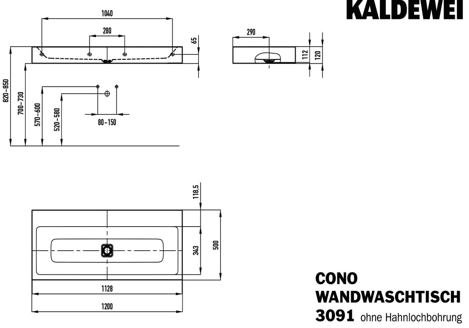 KA WB CONO WANDWASCHTISCH Mod.3091,1200x 500mm,alpinweiß,Perl-Effekt,AD,oÜL