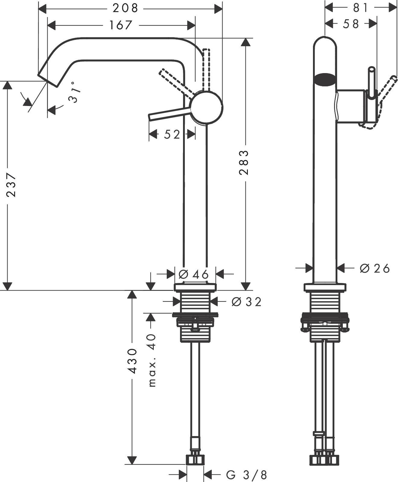 Hansgrohe WTM 240 Tecturis S Fine CoolStart mit Push-Open Ablaufgarnitur chrom