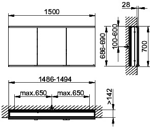 KEUCO Royal Modular 2.0 SPS, bel. 80031, Einb,2Steckd,sb-elox,1500x700x160mm
