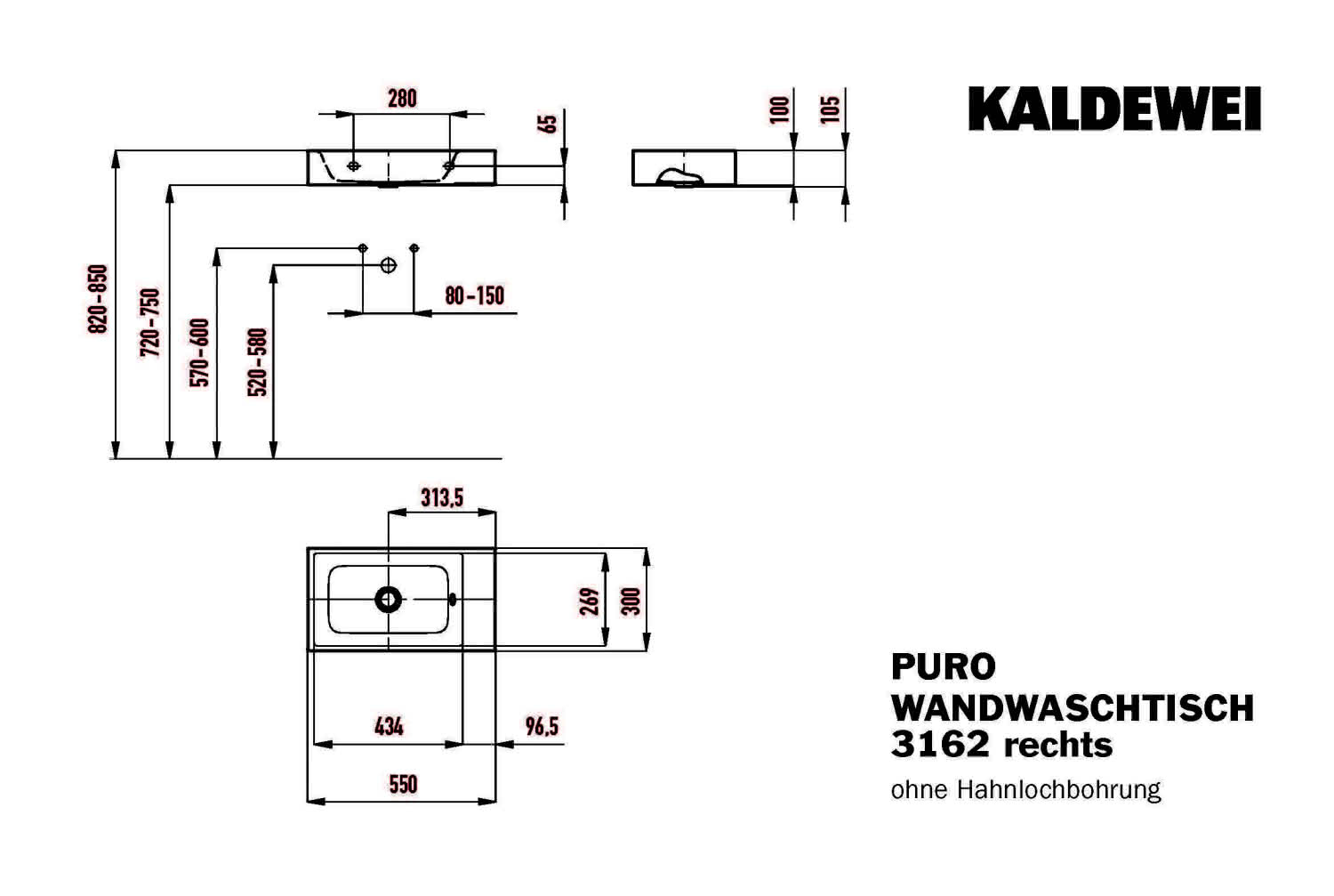 KA WB PURO WAND-HANDWASCHTISCH Mod.3162, 550x300mm,alpinweiß matt,PEFF,AD,oÜL