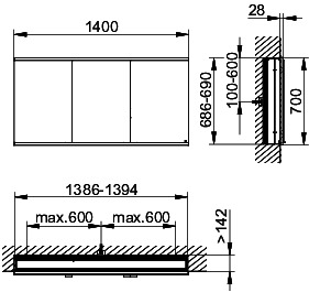 KEUCO Royal Modular 2.0 SPS, bel. 80031, Einb,oSteckd,sb-elox,1400x700x160mm