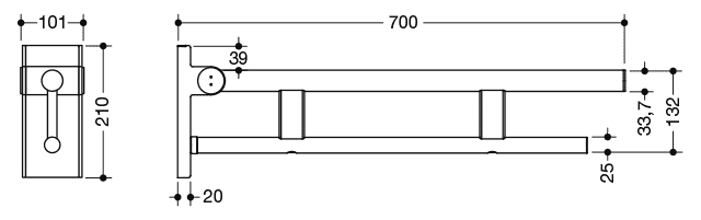 HEWI Stützklappgriff Duo (A), L:700mm, schliff