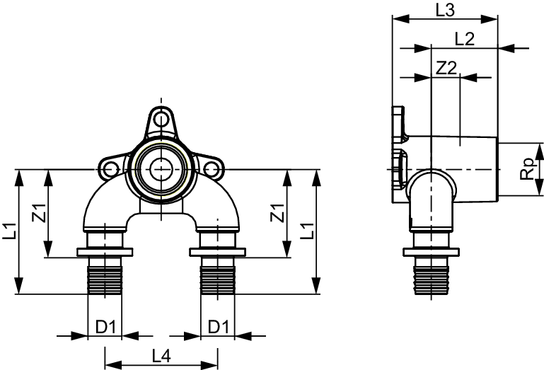TECEflex U-Doppelw. druckverlustop. Dim. 20 x Rp 1/2" x 20, Siliziumbronze