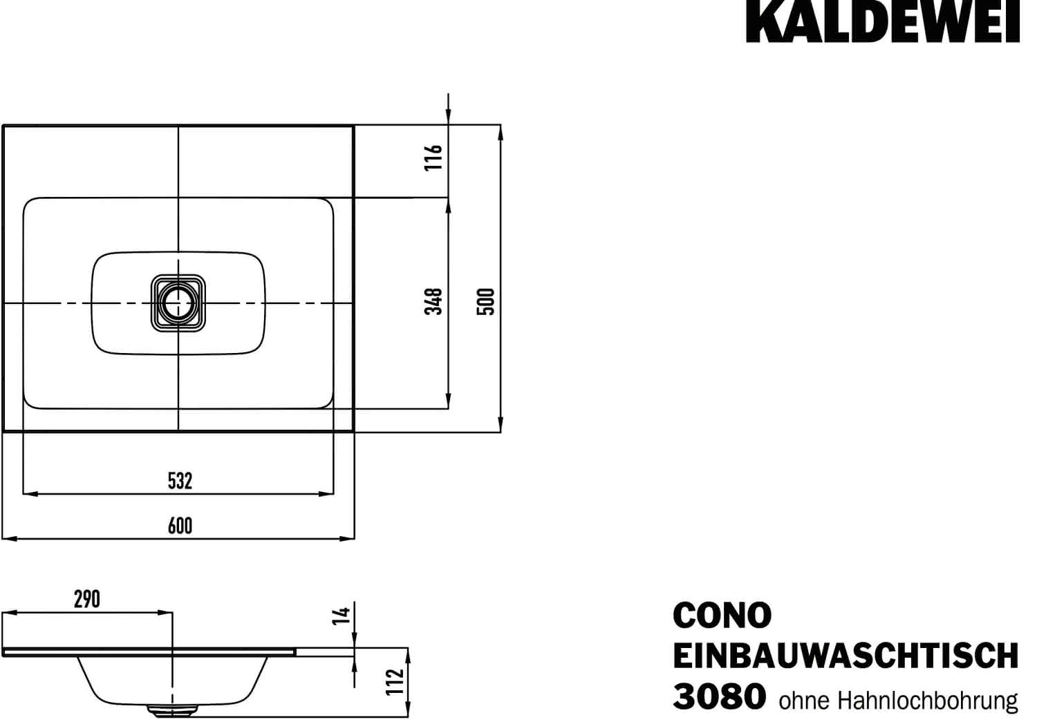KA WB CONO EINBAUWASCHTISCH Mod.3080,600 x500mm,alpinweiß,Perl-Effekt,AD,oÜL