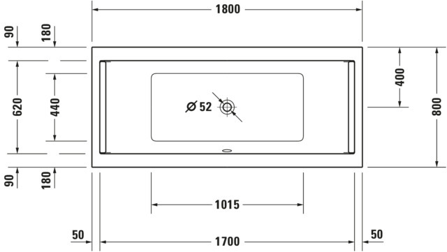 DU Starck Badewanne 1800x800 Einbau Mittelabl.,Rückenschr. 2 L/R, Weiß