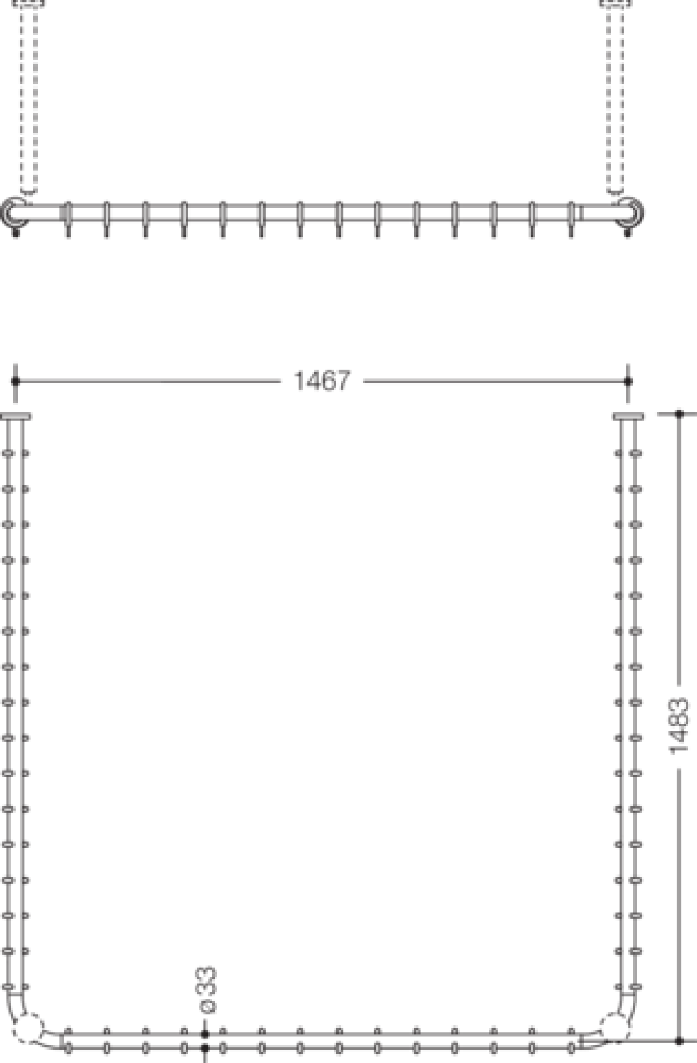 HEWI Vorhangstange Ser 801 kürzb., AM:1483x1467x1483mm felsgrau