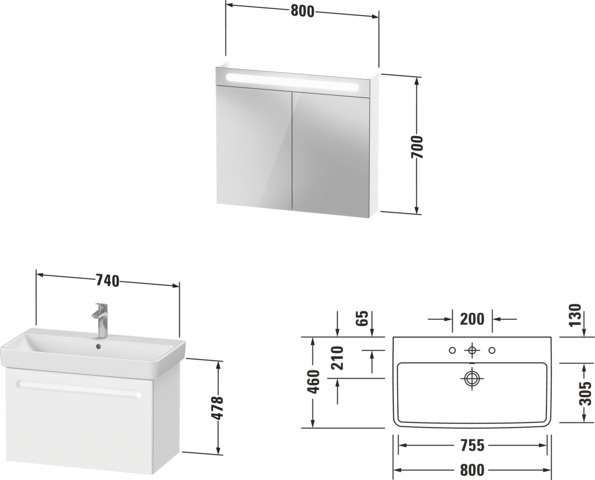 Duravit No.1 Möbel-Set 800x450mm, WT,WTU m.Auszug 1, Spiegelschr., Weiß Matt