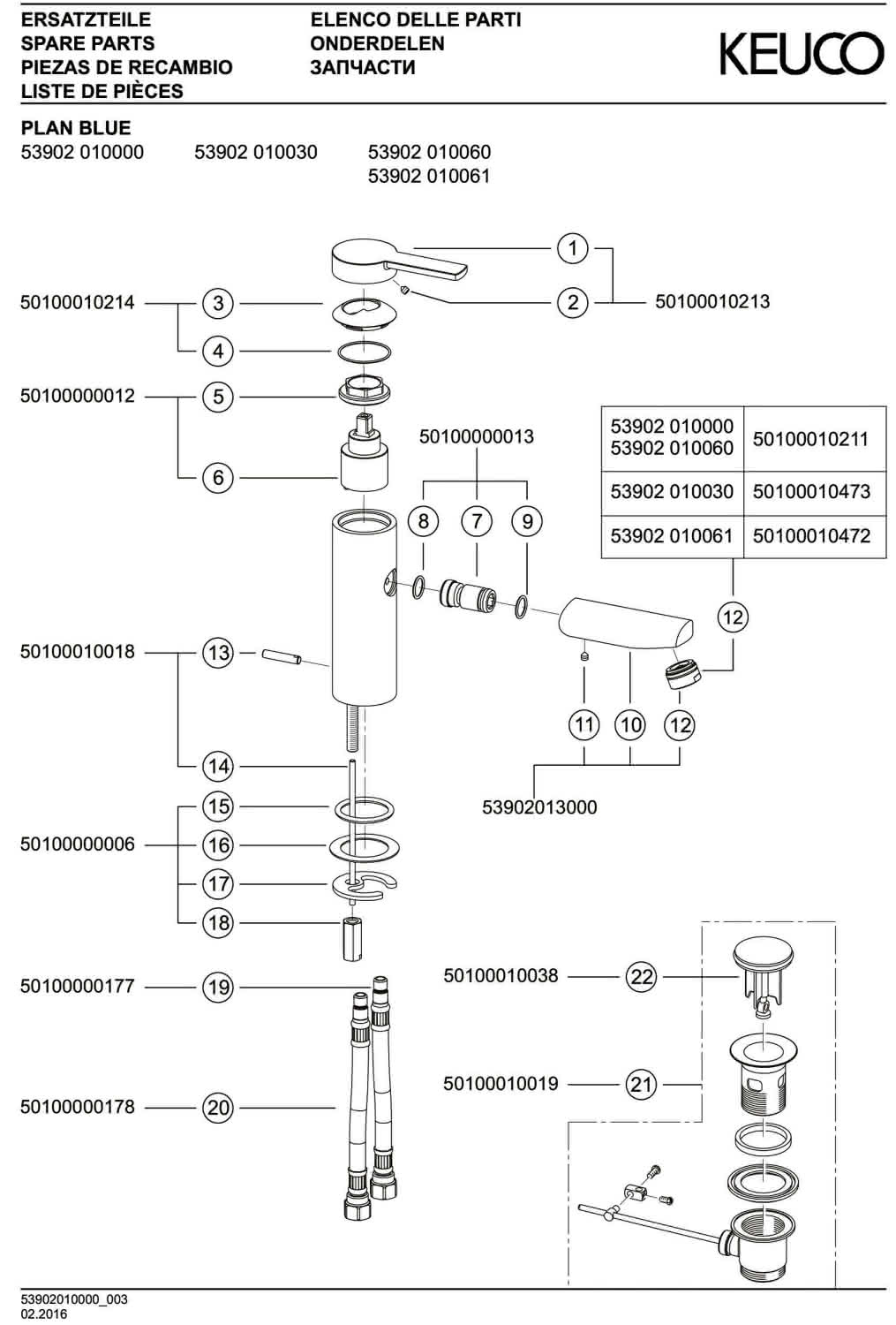 KEUCO EHM-WT-Mischer Plan blue 53902, mit Ablaufgarnitur, verchromt