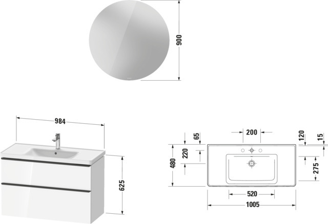 Duravit D-Neo Möbel-Set wandh. 1000x480mm WT,WTU Ausz 1,SBK 1,SP Rund, Weiß HG
