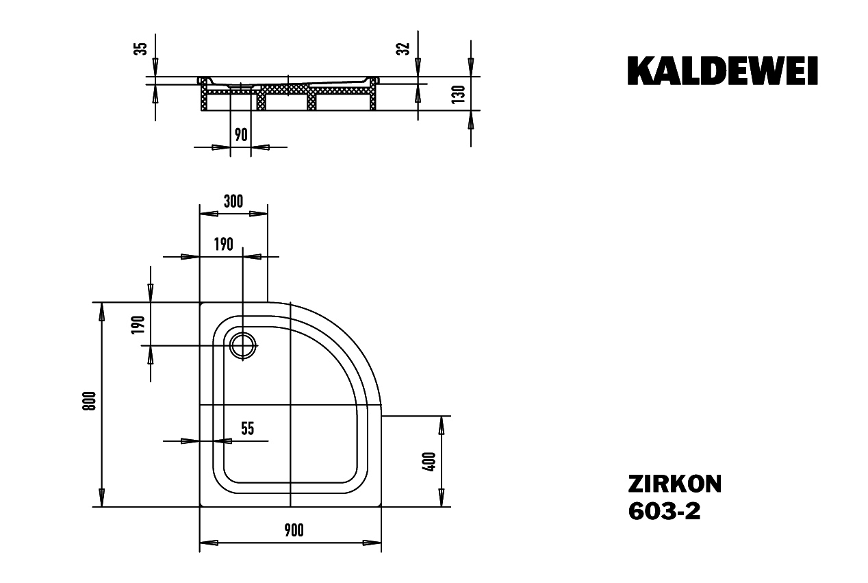 KA DW ZIRKON MIT WANNENTRÄGER Mod.603-2, 900x800mm,alpinweiß,Antislip,m. WT