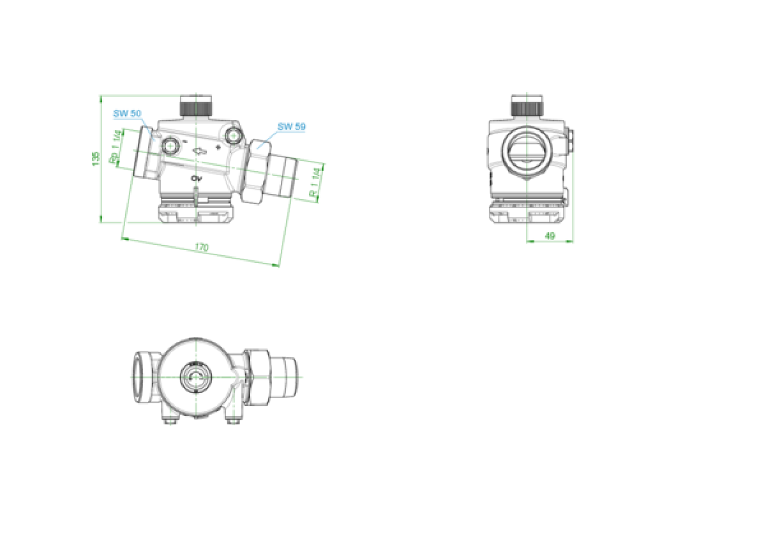 OVENTROP-Regulierventil "Cocon QTZ" ohne Messventile, DN32, AG/IG, 600-4800 l/h