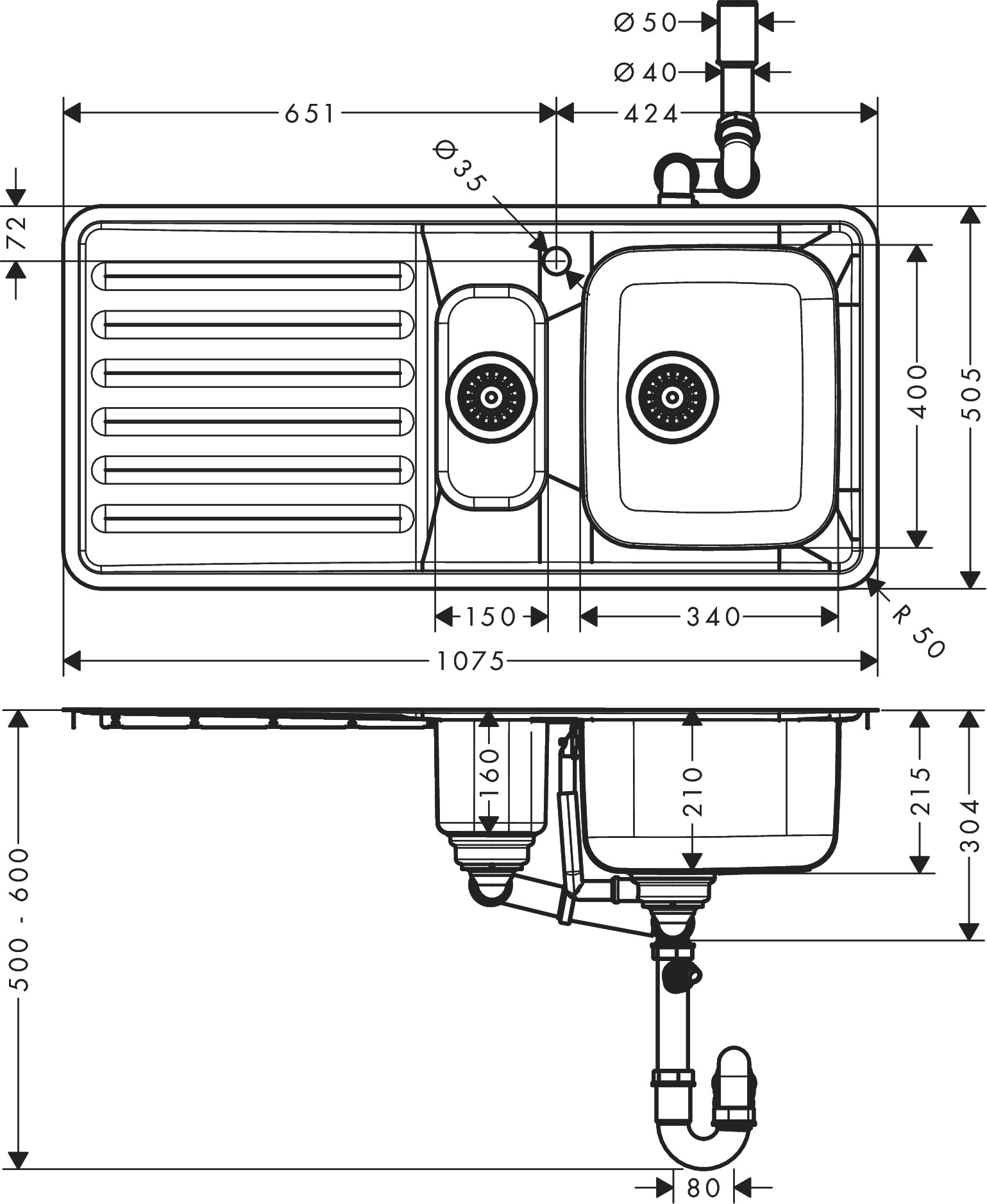 Hansgrohe Einbauspüle 340x150 m.Abtropffläche  S4111-F540